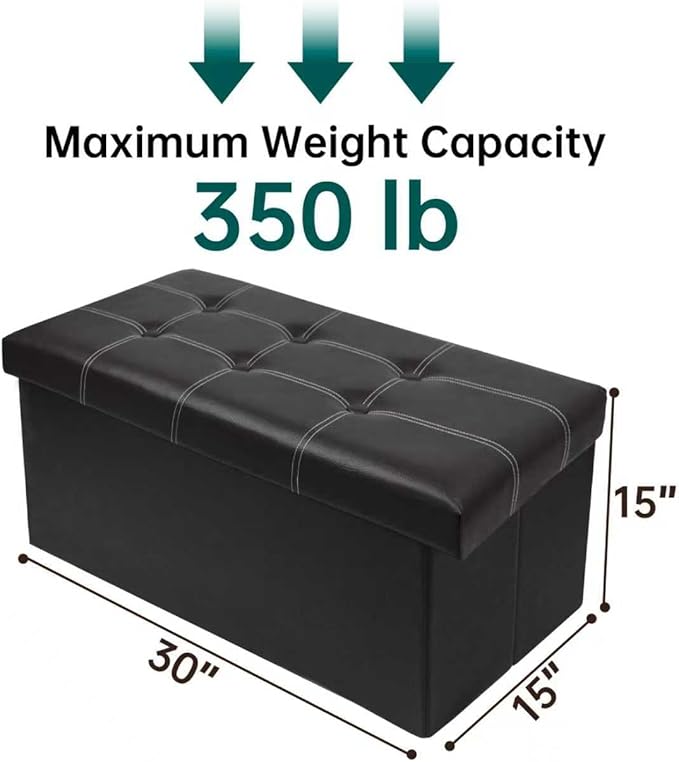xupersodys 30 Inches Folding Storage Ottoman Bench, Faux Leather Footrest Ottoman, Storage Trunk Footstool for Bedroom, Living Room and Hallway, Support 350lbs, Black (White line)