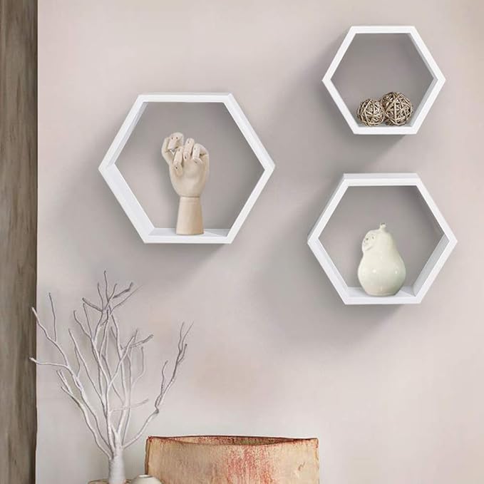 AHDECOR Hexagon Floating Shelves, Set of 3 White Hexagon Wall Shelves | Modern Honeycomb Floating Shelves for Living Room, Bedroom, Office | Hexagonal Wall Organizer Hanging Shelf