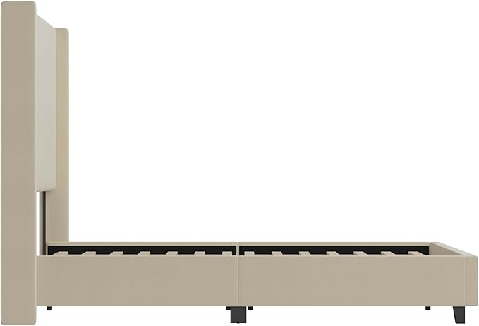 EMMA + OLIVER Nora Queen Size Faux Linen Upholstered Platform Bed with Plush Padded Wingback Headboard (No Box Spring Needed), Modern Upholstered Headboard Queen Bed Frame, Beige