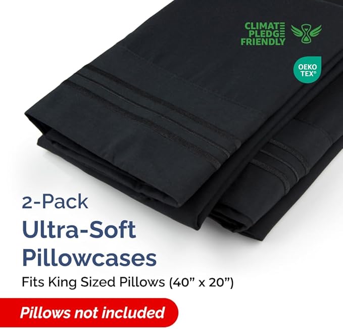 King Pillow Cases Set of 2 - Ultra Soft Hotel Quality Pillowcase Covers - Comfy, Cozy & Wrinkle Free - Shrinkage, Stain and Fade Resistant - Machine Washable Pillow Protectors - 2 Piece Set - Black