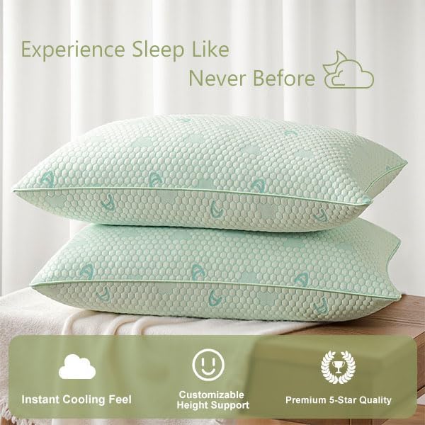 ACCURATEX Cooling Memory Foam Pillows for Sleeping Standard Size Set of 2, Adjustable Fluffy Pillows with Removable Cover, Cool Bed Pillow for Side Back Stomach Sleepers, Machine Washable, Green