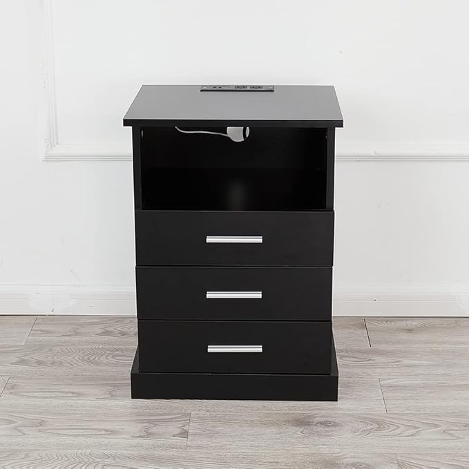 Halitaa Black LED Nightstand with Charging Station, Side Table with 3 Drawers and Light, End Table with Open Storage, Beside Cabinet for Bedroom (Black)