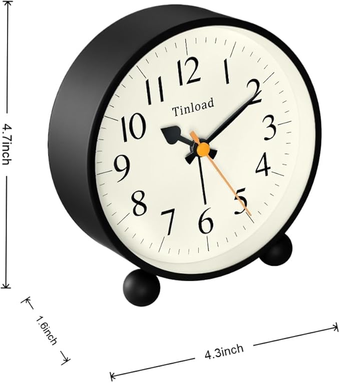 4.5" Vintage Retro Analog Alarm Clock, Super Silent Non Ticking Small Clock with Manual Light, Snooze, Battery Operated, for Living Room, Bedroom, Bedside, Desk(Black)