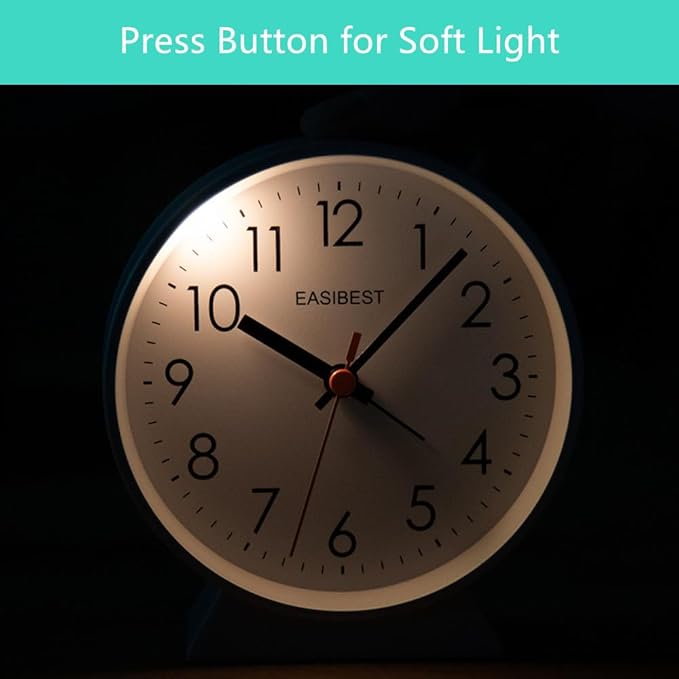 No Ticking Silent Alarm Clock,Easy to Read and Use,Ascending Sound,1 AA Battery Operated,Snooze Light,Bedside Desk Clock,White