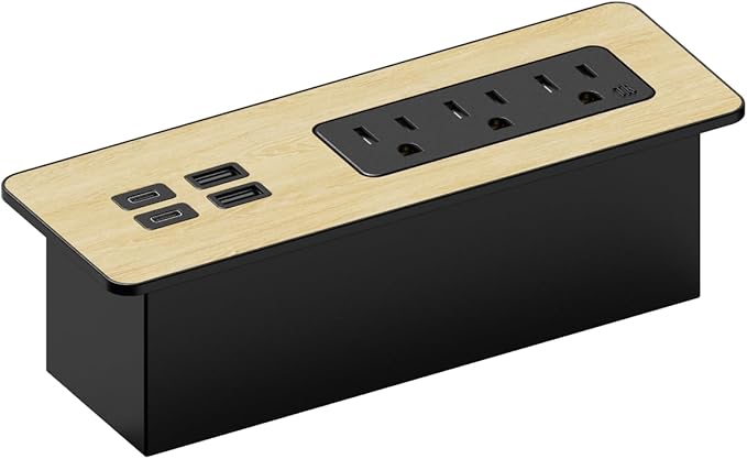 Kable Kontrol Recessed Power Strip Kit with Fast Charging 2 PD65W USB-C Ports, 2 USB-A ports, 3 Power Desk Outlets, Replaceable Wooden Finish Panel Plate Flush Mount Furniture Charging Station Grommet