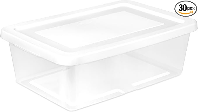 Sterilite 30 Pack Storage Box, 12 Quart Stackable Tote, Clear Plastic Container with Secure Snapping Lids for Home and Office Organization, White