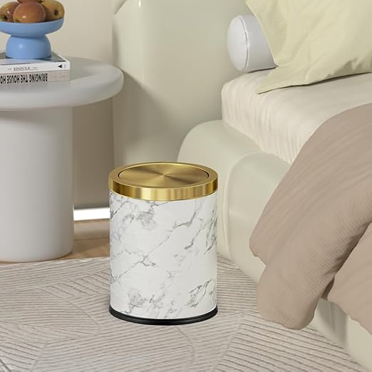 4 Gallon Bathroom Trash Can with Swing Lid, White Gold Garbage Can, White Marble Leather Waste Basket, for Bedroom Kitchen Powder Room (Marble)