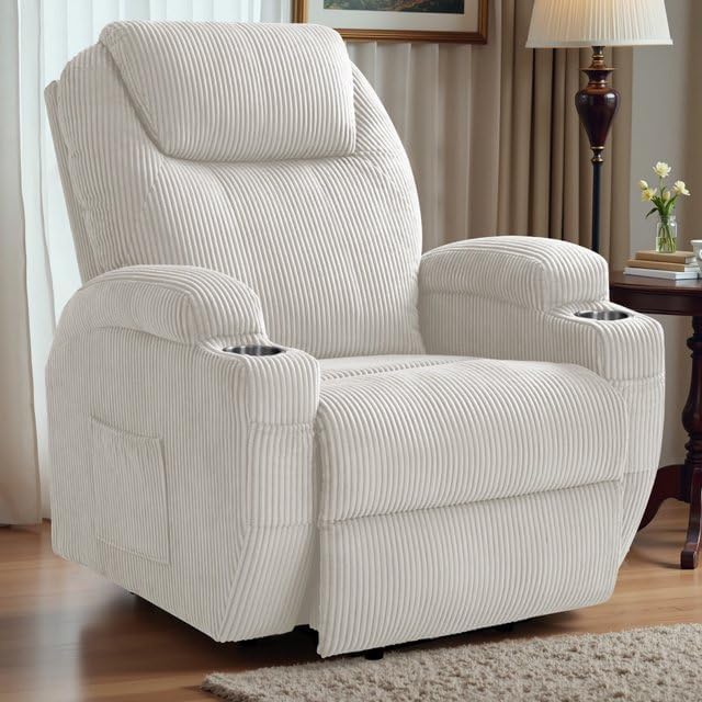 Furmax Electric Power Lift Recliner Chair with Massage for Elderly Corduroy Fabric Recliner Single Sofa with Cup Holders, Side Pockets and Remote Control for Living Room Bedroom (White)