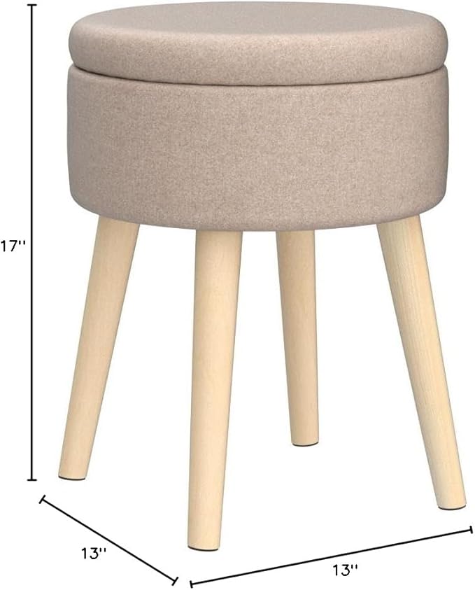 Mxfurhawa Storage Ottoman Linen Round Vanity Stool Tray Top Modern Foot Stool with Wood Legs Multifunctional Upholstered Foot Ottoman Rest for Living Room, Bathroom, Makeup (Khaki)