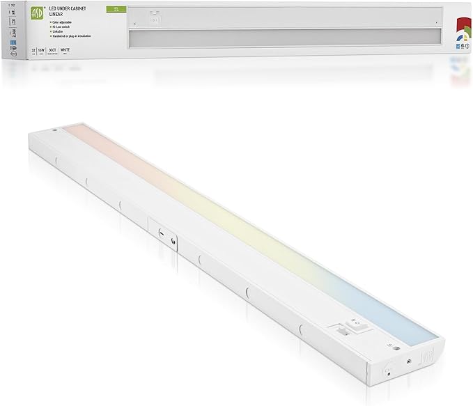 ASD 32 Inch LED Under Cabinet Lighting Plug in or Hardwired, High/Low/Off Switch, 16W 120V 3 CCT 2700K/3000K/4000K CRI90+, Triac Dimmable Linkable Under Counter Lights for Kitchen, ETL Listed, White