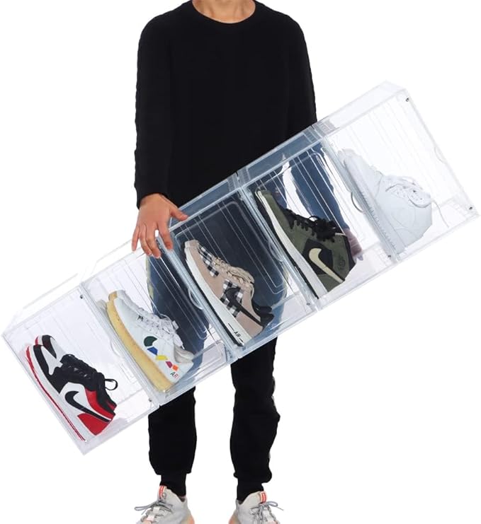 6 Pack XL Shoe Storage Box Organizer,Drop Side Large Shoe Boxes Clear Plastic Stackable Container,Magnetic Sneaker Display Case, Fit up to US 13（13.4”x 10.6”x 8.3”(6 Pack Clear)