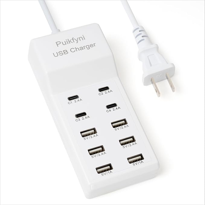 Puikfyni Portable USB C Charging Station,4 -C- Ports, USB Charging hub 10-Ports/USB c Charger Block for Multiple Devices Phones Tablet Smartwatch Headphones Speakers (USB-4C+6A)