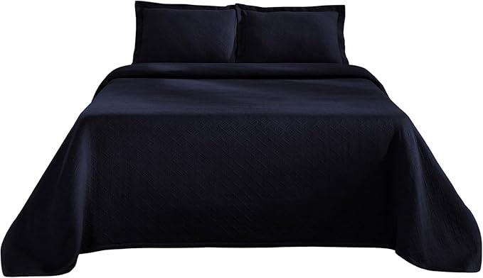 Superior 100% Cotton Basket Weave Bedspread with Shams, All-Season Premium Cotton Matelasse Jacquard Bedding, Quilted-Look Geometric Basket, Full, Navy Blue