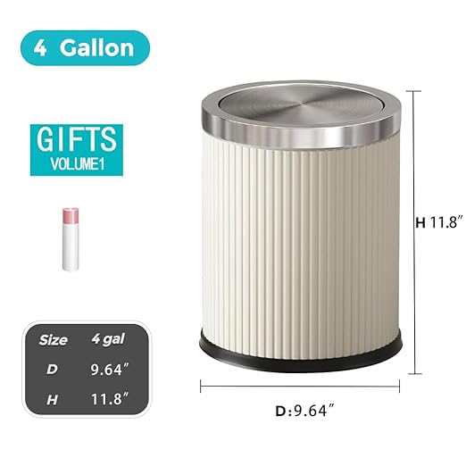 4 Gallon Bathroom Trash Can with Swing Lid, White Silver Leather Garbage Can, Modern, Large, Big Waste Basket, for Bedroom Kitchen Powder Room Toilet (15L Elegant White)