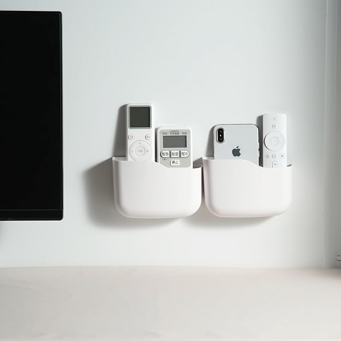 LINFIDITE 2 Pack TV Remote Holder Wall Mount Remote Control Holder for Bed Universal Bedside Wall Remote Holder Caddy Organizer Hole-Free Remote Control Holder (For 2 Or 3 Remote Controls–White