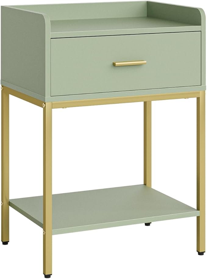 Masupu Nightstand,Bedside Table 3-Tier Modern Night Stand with Storage Drawer and Shelf,Small End Side Table for Bedroom,Living Room,Black (Without Outlet, Green)