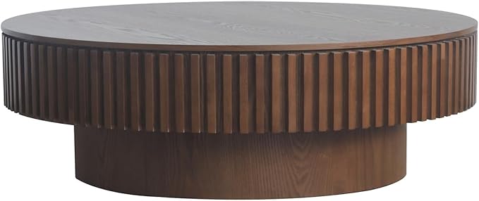LKTART Round Coffee Table for Living Room, Accent Fluted Drum Coffee Table with Storage, Modern Solid Wood Veneered Circle Center Tea Table for Small Space Apartment (39.4''D×14''H-Walnut)