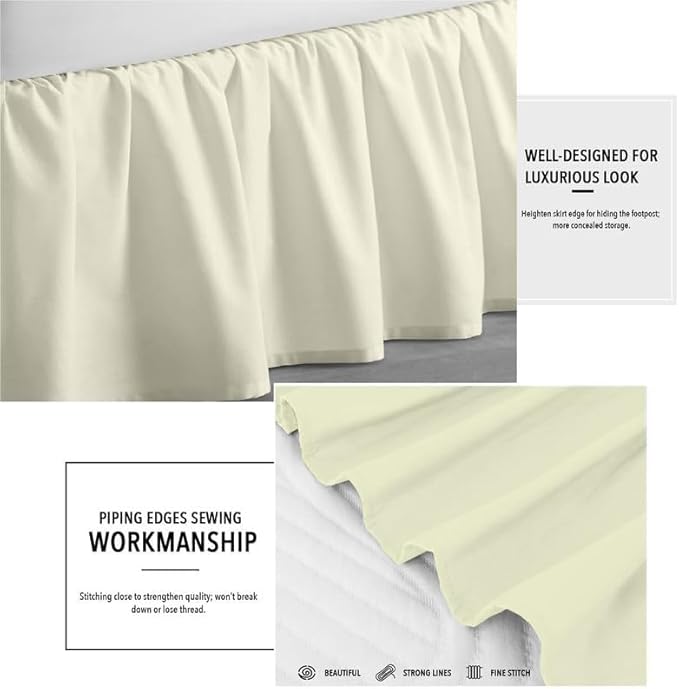 Rajlinen Ruffled Bed Skirt King, 15 Inch Drop Dust Ruffle with Split Corners, 100% Microfiber Bedskirt with Platform, Three-Sided Coverage Ruffled Gathering Design, Ivory