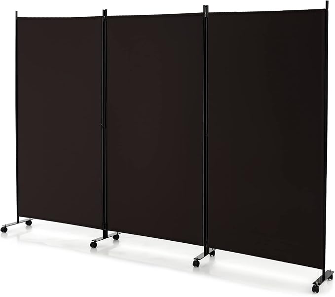 GOFLAME 3 Panel Folding Room Divider, 6FT Rolling Privacy Screen with Lockable Wheels, Portable Room Partition Screen, Freestanding Wall Divider and Separator for Home Office, Brown