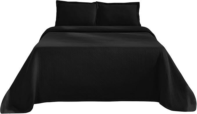 Superior 100% Cotton Basket Weave Bedspread with Shams, All-Season Premium Cotton Matelasse Jacquard Bedding, Quilted-Look Geometric Basket, Twin, Black