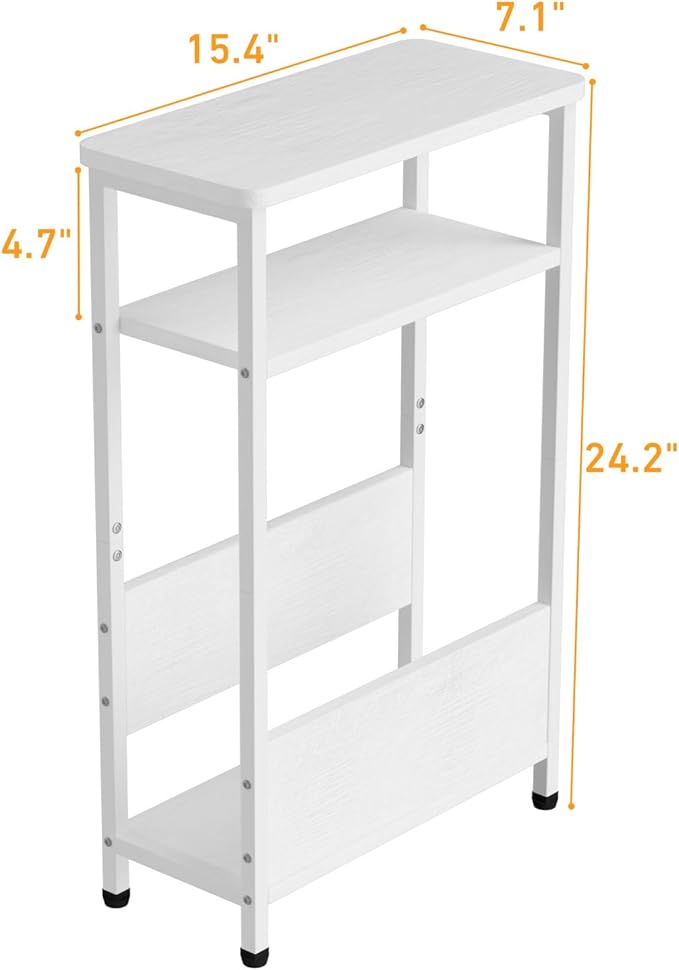THUMEYE 7.1" Narrow Side Table for Small Spaces, 3 Tier Small End Table with Magazine Holder, Slim/Skinny Nightstand/Bedside Table for Living Room, Bedroom, 15.4" L x 24.2" H, White