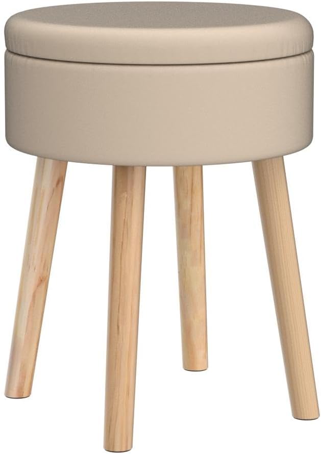 Mxfurhawa Storage Ottoman Linen Round Vanity Stool Tray Top Modern Foot Stool with Wood Legs Multifunctional Upholstered Foot Ottoman Rest for Living Room, Bathroom, Makeup (Beige)