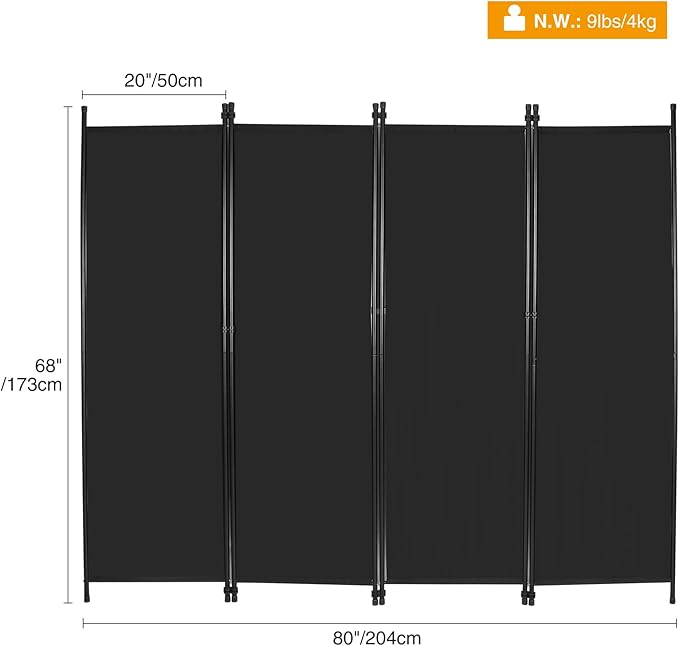 4 Panel Folding Room Divider, 6.7FT Wide Portable Privacy Screen, Room Partition Wall Dividers, Freestanding Partition Room Separation for Bedroom Office Restaurant Hospital, 80" Wx68 H, Black