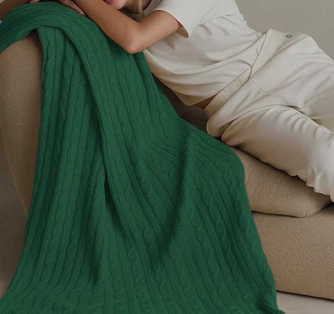 100% Cotton Cable-Knit Throw Blanket: 60" x 70", Ultra Soft, Breathable, All-Season Comfort & Versatility, Ideal for Couch, Bed, Travel and Gifting (Green)