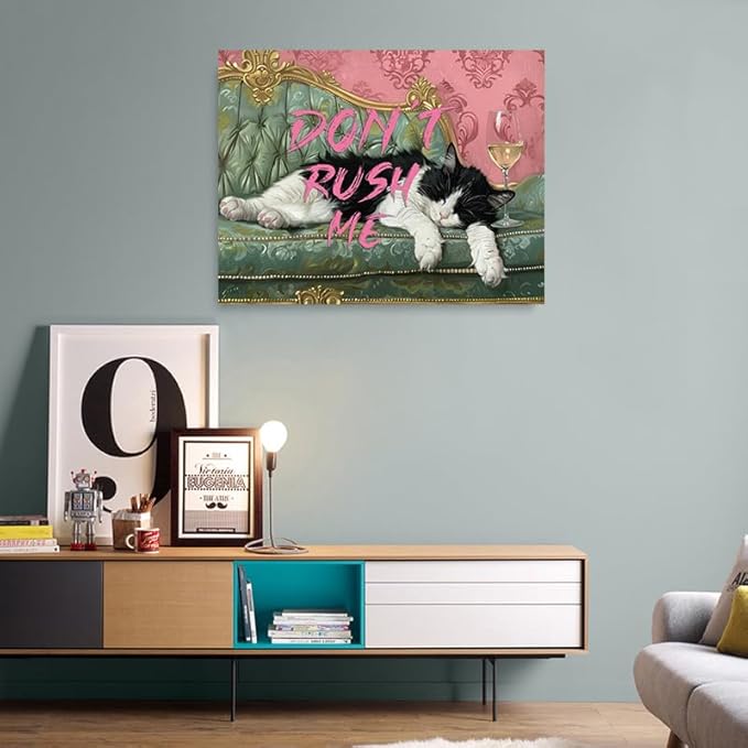 Pveror Funny Cat Wall Art Canvas Dont Rush Me Sleeping Black White Cat Painting Vintage Sofa Style Humorous Decor for Living Room Bedroom Office Pet Lover Gift Modern Home Decor 12x16 Inches