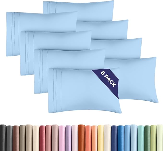 Queen Pillow Cases Set of 8 - Ultra Soft Hotel Quality Pillowcase Covers - Comfy, Cozy & Wrinkle Free - Shrink, Stain & Fade Resistant - Machine Washable Pillow Protectors - 8 Piece Set - Light Blue