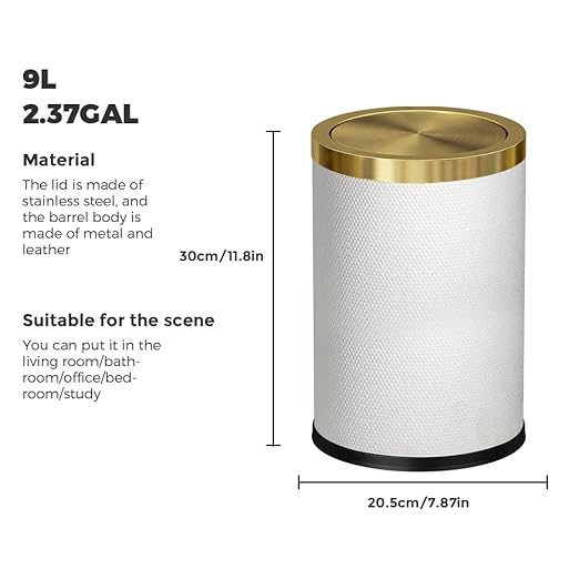 2.4 Gallon Bathroom Trash Can with Lid, Pu Leather Modern Garbage Can, Round Decorative Waste Basket, for Near Desk, Powder, Bedroom, Hotel, Office, Home (9L-Checked White)