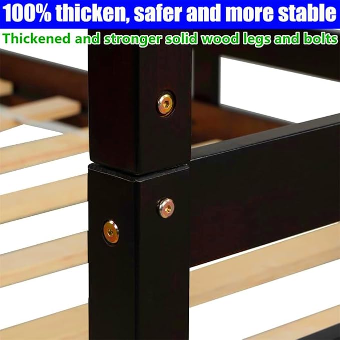TSAMPA Latest Upgraded & Stronger Heavy Duty Solid Wood Full Over Full Bunk Bed with Trundle, Thickened Safer Convertible Bunkbed Frame (Easier to Assemble) (Walnut)
