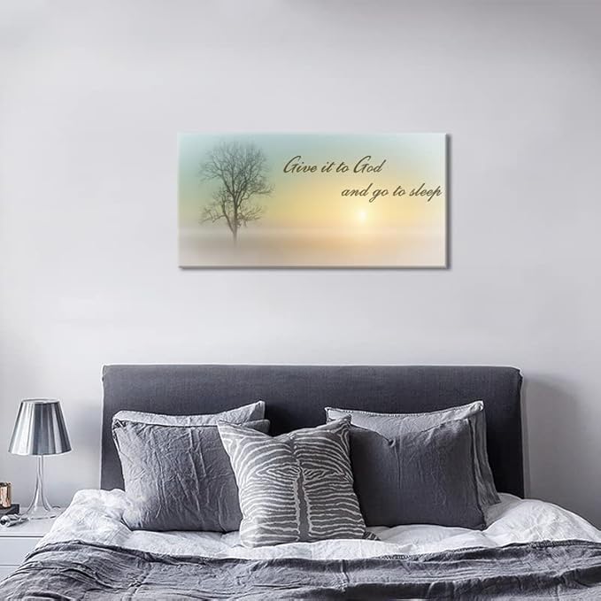 Wall Art for Bedroom of Waterproof Quote Paintings, Family Wall Decor of Misty Sunrise & Plant, Room Wall Pictures of Large Wall Art, White Country Decor by Wood Inner Framed ( 16x32 )