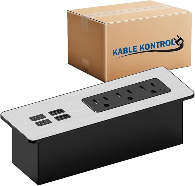 Kable Kontrol Recessed Power Strip Kit with Fast Charging 2 PD65W USB-C Ports, 2 USB-A Ports, 3 Power Desk Outlets, Replaceable Silver Finish Panel Plate Flush Mount Charging Station Grommet - 20 Pcs