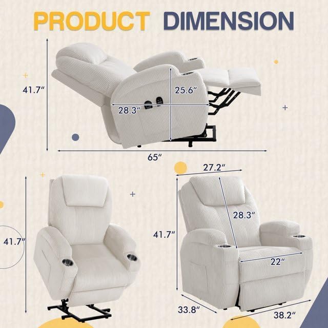 Furmax Electric Power Lift Recliner Chair with Massage for Elderly Corduroy Fabric Recliner Single Sofa with Cup Holders, Side Pockets and Remote Control for Living Room Bedroom (White)