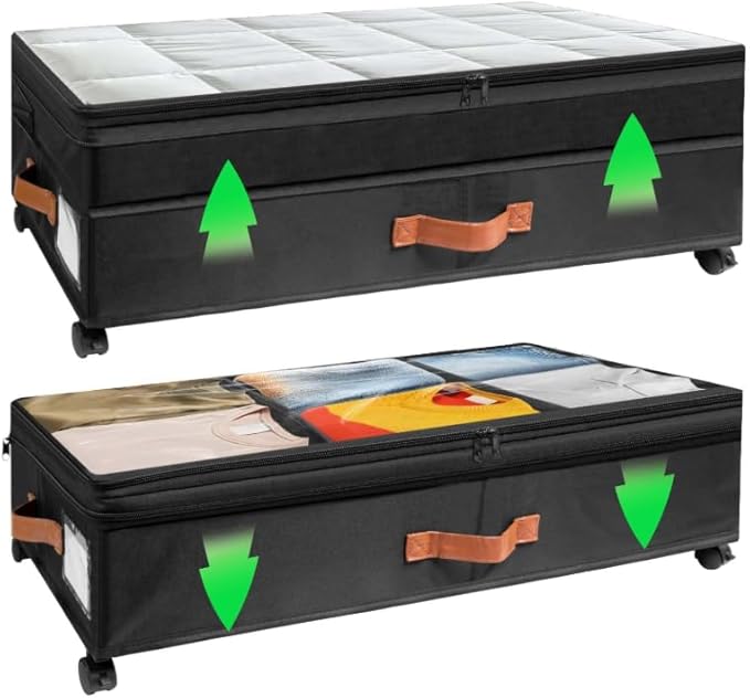 Under Bed Storage with Wheels, 72L XXL Under the Bed Storage Containers Large, 10‘’ Tall Adjustable Storage for Underbed with Lids
