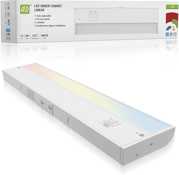 ASD 12 Inch LED Under Cabinet Lighting Plug in or Hardwired, High/Low/Off Switch, 5W 120V 3 CCT 2700K/3000K/4000K CRI90+, Triac Dimmable Linkable Under Counter Lights for Kitchen, ETL Listed, White