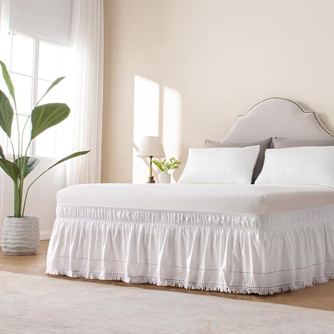 MIYE Wrap Around Ruffled Lace Bed Skirt, Elastic Dust Ruffle with Adjustable Belts, Easy to Put On, Bed Frame Cover, Machine Washable (Tassel Ruffle/White, King/Queen-18 Drop)