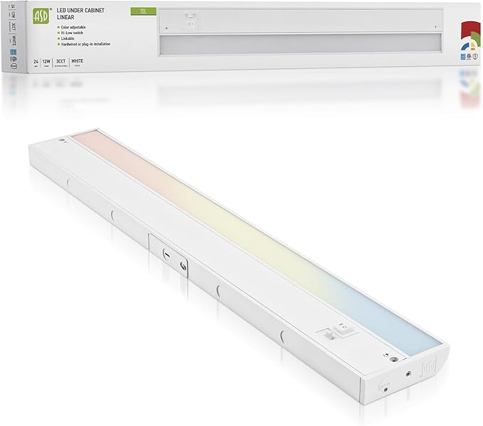 ASD 24 Inch LED Under Cabinet Lighting Plug in or Hardwired, High/Low/Off Switch, 12W 120V 3 CCT 2700K/3000K/4000K CRI90+, Triac Dimmable Linkable Under Counter Lights for Kitchen, ETL Listed, White