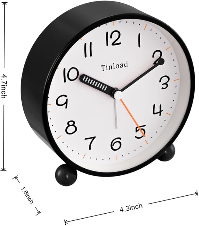 4.5" Antique Retro Analog Alarm Clock, Small Silent Battery Operated Clock with Manual Light, Snooze, Vintage Decor for Bedroom, Living Room, Office, Bedside,Desk（Black）