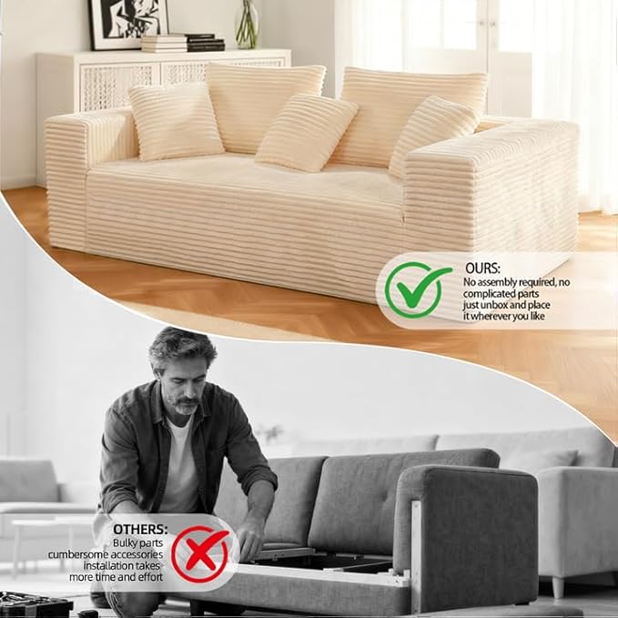 Boneless Cloud Couch Sofa, 3 Seater Deep Seat Modern Lounge Sleeper Couch, No Assemble, Corduroy Compression Upholstered Couches for Living Room, Bedroom, Apartment, Dorm, Office