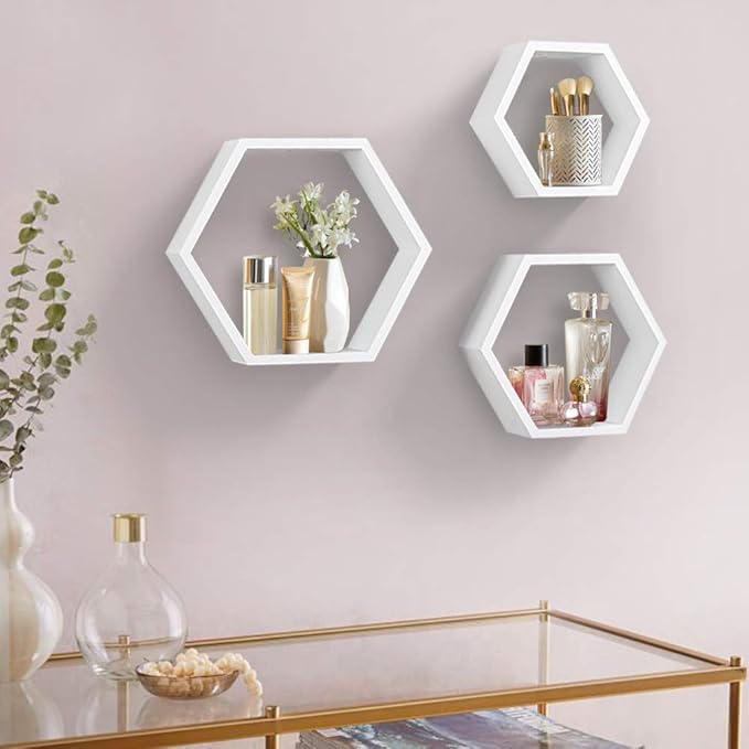 AHDECOR Hexagon Floating Shelves, Set of 3 White Hexagon Wall Shelves | Modern Honeycomb Floating Shelves for Living Room, Bedroom, Office | Hexagonal Wall Organizer Hanging Shelf