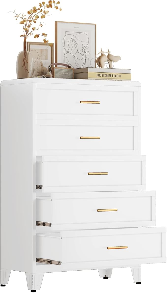 5 Drawer Dresser, Metal Tall Dresser for Bedroom, White Bedroom Dressers with Drawers, Curved Corner Design Dressers & Chest of Drawers, Storage Cabinet for Hallway, Entryway (White)
