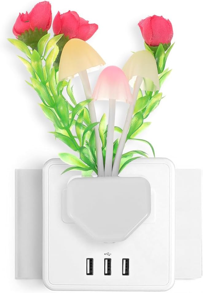 Garneck LED Motion-Detecting Night Light Mushroom Shape Plug with Human Body Induction and Built-in Light Detector Warm Glow Night Lamp for Bedroom Bathroom Hallway Plastic Design US