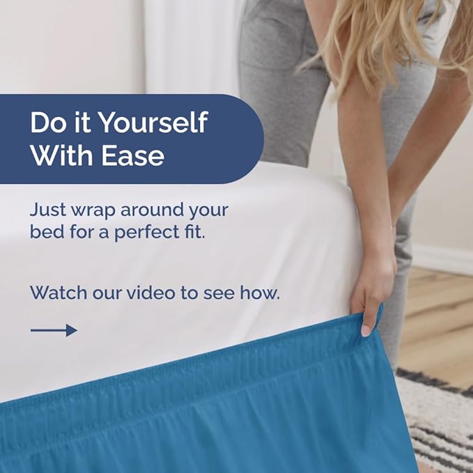 Wrap Around Dust Ruffle Bed Skirt - Denim Blue - for Queen Size Beds with 18 Inch Drop - Elastic Strap - Adjustable Pleated Bedskirt with Brushed Fabric and Wrinkle Free - For Women, Men, Kids & Teens