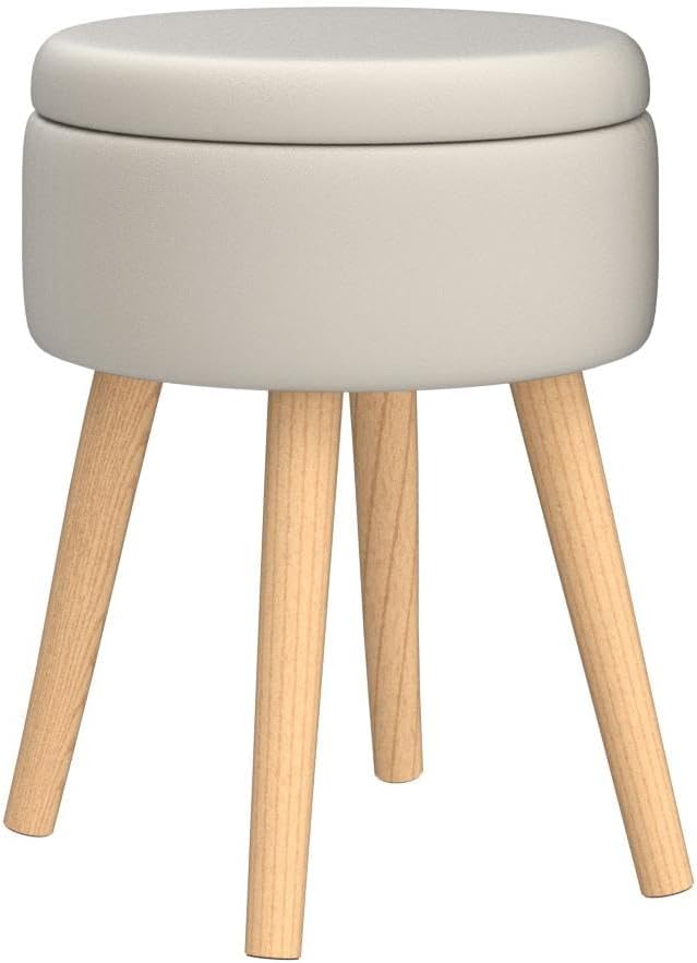 Mxfurhawa Storage Ottoman Linen Round Vanity Stool Tray Top Modern Foot Stool with Wood Legs Multifunctional Upholstered Foot Ottoman Rest for Living Room, Bathroom, Makeup (White)