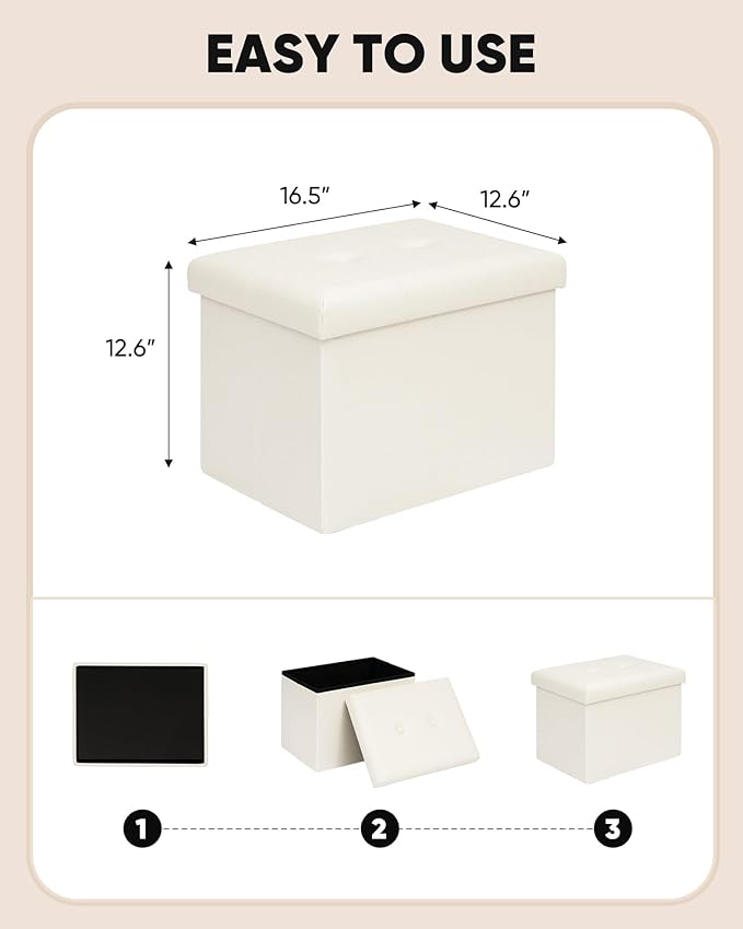 B FSOBEIIALEO Folding Storage Ottoman, Faux Leather Footrest Seat Coffee Table Toy Chest Kids, White 16.5"x12.6"x12.6"