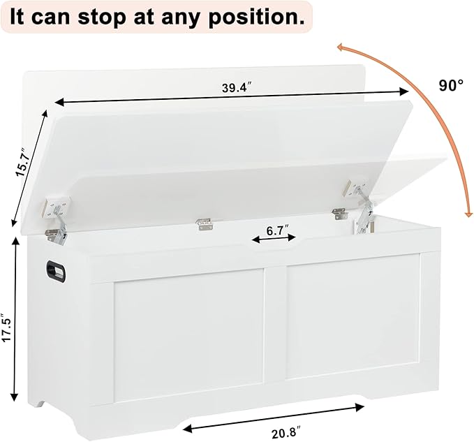 Timberer 39.4" Storage Chest, Wooden Storage Bench, Lift Top Toy Chest with 2 Safety Hinges, Large Toy Box, Entryway Bench for Living Room, Bedroom, White