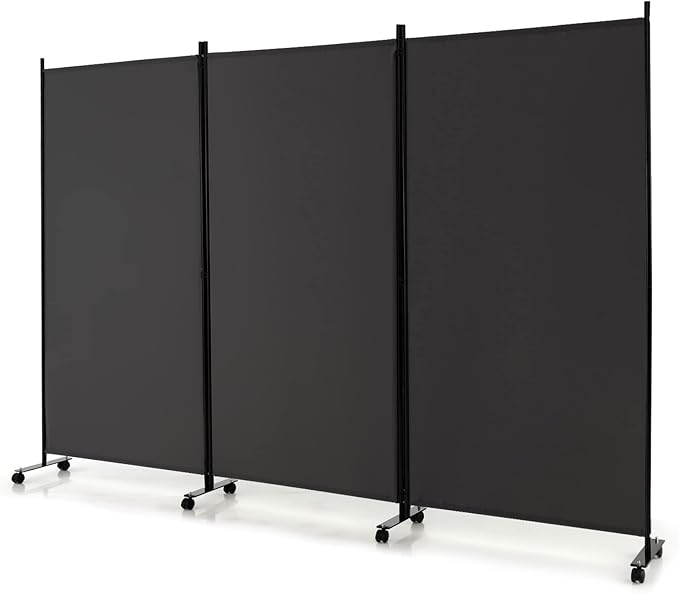 GOFLAME 3 Panel Folding Room Divider, 6FT Rolling Privacy Screen with Lockable Wheels, Portable Room Partition Screen, Freestanding Wall Divider and Separator for Home Office, Grey