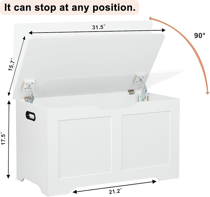Timberer 31.5" Storage Chest, Wooden Storage Bench, Lift Top Toy Chest with 2 Safety Hinges, Large Toy Box, Entryway Shoes Bench for Living Room, Bedroom, White